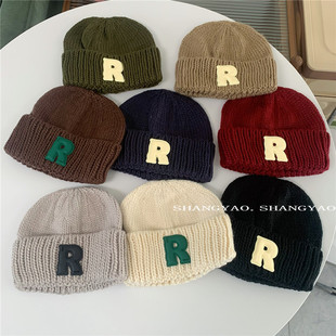 儿童毛线帽冬款男女童帽子，韩系r字母宽松保暖针织帽，原宿风时尚帽