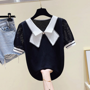 黑色冰丝短袖t恤女夏季薄款2024韩版时尚洋气娃娃领针织上衣