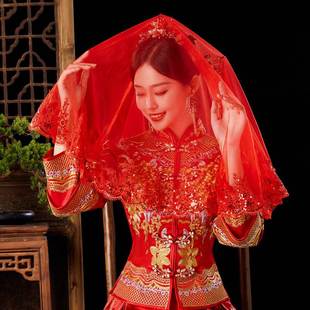 结婚红盖头新娘半透明红色头纱2023秀禾高级婚礼盖头软纱薄款纱巾