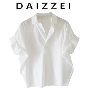 daizzei~2023夏季时尚质白色宽松蝙蝠，袖polo领套头衬衫女上衣