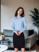 2024春季白衬衫女士长袖韩版修身职业装打底衫浅蓝大码