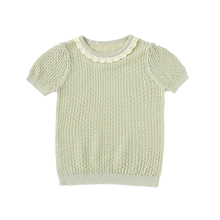 韩国ins女童超薄淡绿色镂空针织圆领短袖针织衫宝宝毛线短裤套装