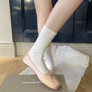 春季薄款花边白色短袜子女芭蕾风，小腿袜黑色，中筒袜少女纯欲堆堆袜