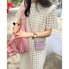 韩系chic夏季法式优雅圆领，镂空透视设计感小众宽松短袖连衣裙女