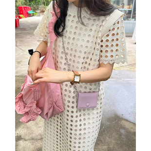 韩系chic夏季法式优雅圆领镂空透视设计感小众宽松短袖连衣裙女