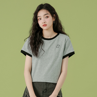灰色短袖t恤女夏2023韩版宽松纯棉圆领小个子短款小众体恤衫