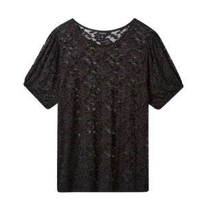 puffsleevesheerlace大码修身镂空性感泡泡袖打底蕾丝衫罩衫