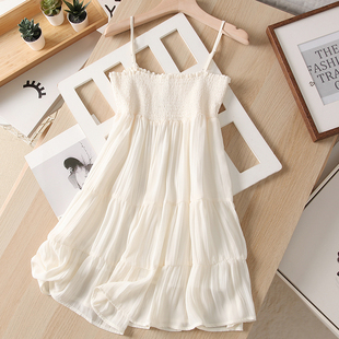 法式一字领白色薄纱，短吊带连衣裙女夏小个子气质，叠层荷叶边短裙子