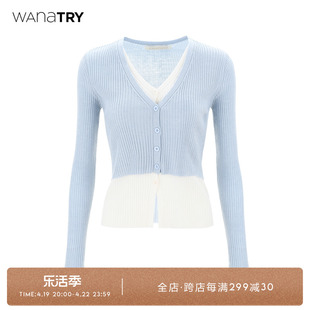 wanatry针织开衫浅蓝色，v领撞色假两件叠穿薄款设计感上衣