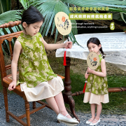 女童绿色旗袍裙夏装，儿童新中式缎面套装，裙女宝夏季国风裙子