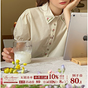 jmwomen米白色刺绣碎花，泡泡袖短袖衬衫女夏季薄款日系复古上衣