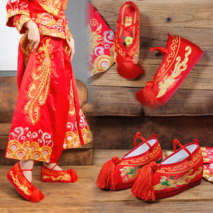 中式秀禾鞋婚鞋女内增龙凤绣花古代汉唐婚鞋红色，高跟厚底鞋镶钻