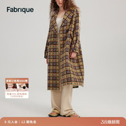 Fabrique姜黄色格纹翻领休闲羊毛大衣秋冬季长款毛呢外套女