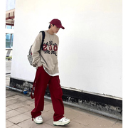美式hiphop红色裤子男，春秋款大口袋工装裤，oversize直筒阔腿街舞裤