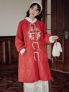 红色复古国风羊羔毛刺绣棉服大衣环保新中式外套圣诞红色过年战袍