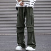 军绿色工装裤男秋季褶皱宽松大码胖子多口袋设计感日系复古长裤子