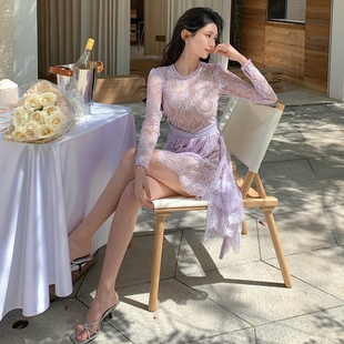 明星同款丁香紫色蕾丝性感透视长袖圆领连衣裙子不规则裙摆小礼服