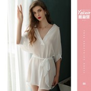 日本白衬衫睡裙女夏季冰丝薄款性感透明可外穿男友风中长款睡衣
