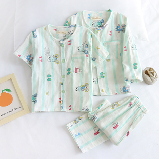 可爱日系小条纹青蛙儿童，夏季薄款纯棉纱布睡衣，三件套短袖长袖长裤