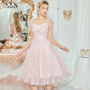 艾丽丝刺绣蕾丝连衣裙2024夏季粉色甜美超仙大裙摆公主风裙子