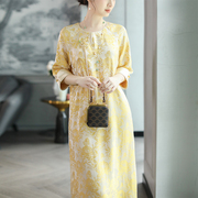 shibai拾白新中式2024夏黄色(夏黄色)优雅大气高级感日常中长款旗袍连衣裙