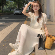 2023夏季小个子荷叶边系带收腰雪纺连衣裙女韩版气质米白色长裙潮