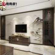 客厅新中式纯实木花格边框装饰岩板电视背景墙瓷砖简约大理石影视