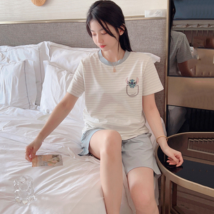 睡衣女款夏季纯棉短袖薄款韩版学生条纹休闲运动家居服套装可外穿
