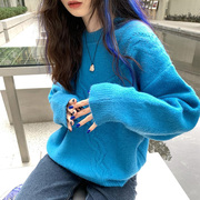 宝石蓝麻花毛衣女(毛衣女，)日系复古高级设计感小众，软糯套头克莱因蓝针织衫