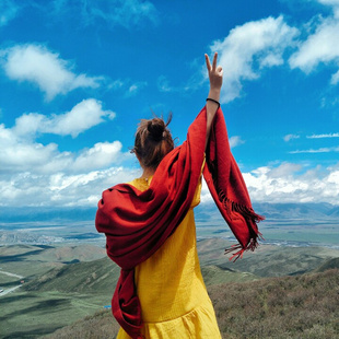 旅游保暖红披肩中国红围脖，民族风超大围巾西藏内蒙青海旅游围巾