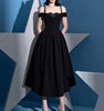 越南小众设计设计师买手珍珠一字肩蕾丝V领黑色长礼服连衣裙9947