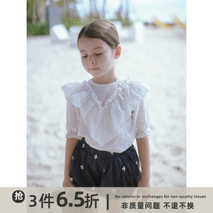史豌豆(史豌豆)女童白色镂空绣花娃娃衫，2023夏季儿童甜美洋气短袖上衣
