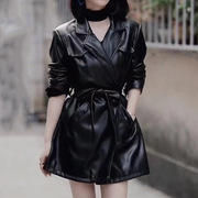 中长款皮衣外套女2023秋季设计感收腰系带，长袖夹克上衣潮黑色