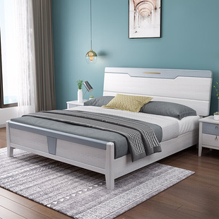 现代简约轻奢实木床1.8米经济型白色压纹双人婚床1.5女学生儿童床