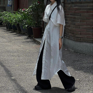 日系设计感小众分层短袖衬衫裙，女夏季微透系扣白色连衣裙长款显瘦