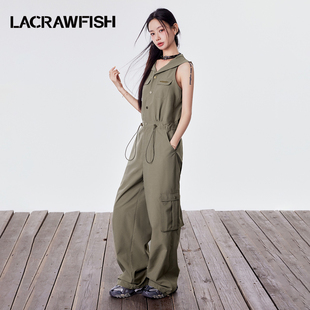 lacrawfish街头复古工装，风无袖连体裤连帽收腰宽松阔腿休闲裤女