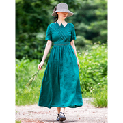 设计师独立款仙衣裾亚麻，墨绿色连衣裙夏季气质女士漂亮裙子