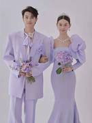 2023展会紫色影楼摄影婚纱情侣写真高订韩式鱼尾花朵拍照彩纱