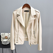 韩国米白色真皮皮衣女，春秋修身拉链机车夹克，时尚气质短款外套