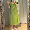 2024年夏季薄款套头宽松腰纯色泡泡袖娃娃裙法式纯棉连衣裙果绿色