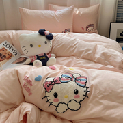 粉粉毛巾绣hello kitty纯棉四件套少女全棉被套儿童可爱床单1.8床