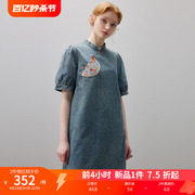 dfvc新中式国风牛仔，连衣裙女2024夏季刺绣，宽松纯棉小个子裙子