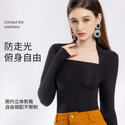 黑色方领上衣女长袖秋设计感德绒保暖T恤韩国修身显瘦赫本打底衫