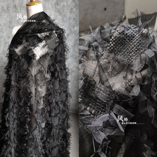 黑色方格创意编织立体肌理欧根纱高档女装裙外套手工面料设计师布