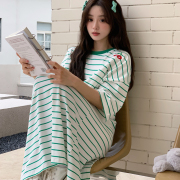 条纹小图案睡衣女夏季莱卡套装韩版圆领可爱可外穿简约休闲家居服