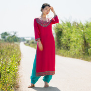 印度传统服饰女民族风上衣日常纯棉刺绣服装薄西瓜红长款