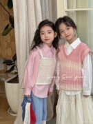 韩版女童装儿童春季时髦洋气甜美蕾丝针织马甲长袖衬衫2件套装