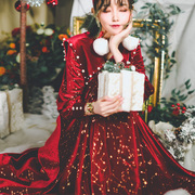 弥爱原创《胡桃夹子》新年限定冬天鹅绒复古珍珠红色长裙女连衣裙