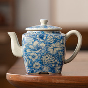 繁花仿古汝窑开片青花茶壶，陶瓷汉方壶，复古家用功夫茶具中式泡茶壶