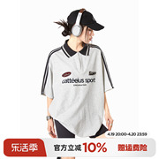 ichmode270g美式复古polo领短袖t恤女宽松设计感2024年夏季上衣